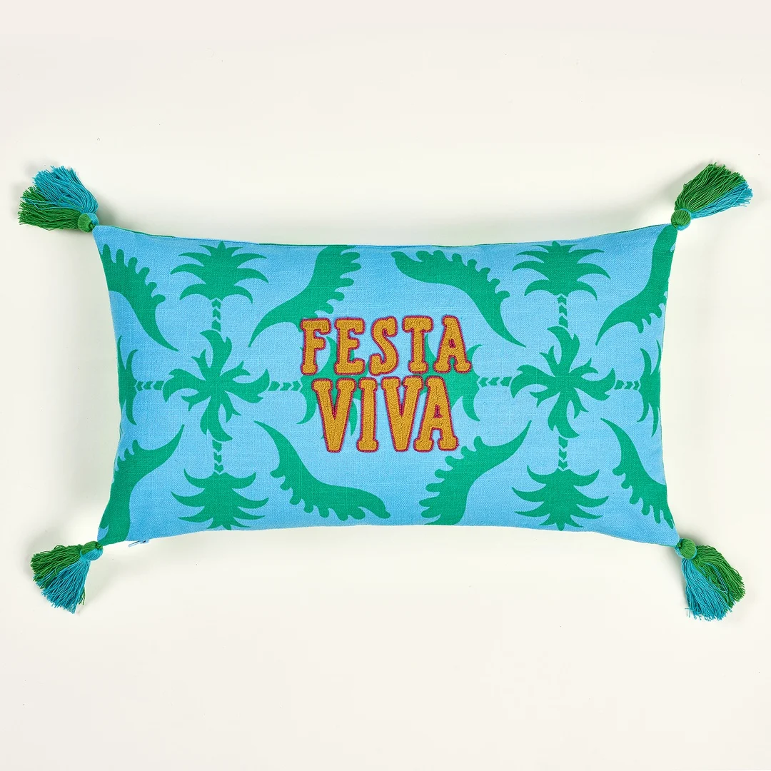 Hansı Dijital Baskılı Püsküllü Nakışlı Pamuk Dolgulu Kırlent 30x55 Cm Yeşil - Mavi