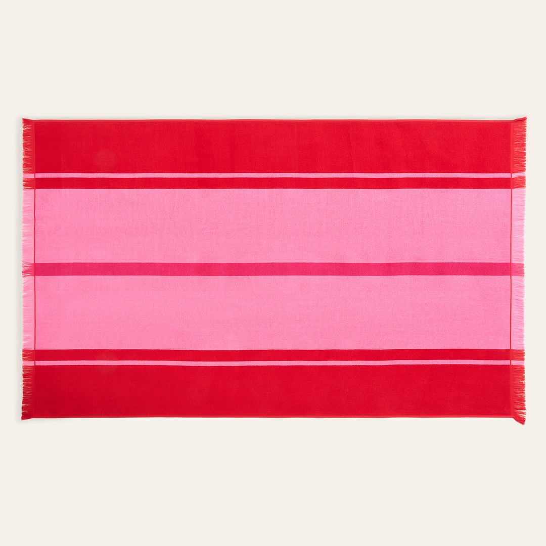 Vıseu Saçaklı Jakarlı Geniş Çizgili Pamuk %100 Pamuk Plaj Havlusu 90x150 Cm Pembe - Kırmızı