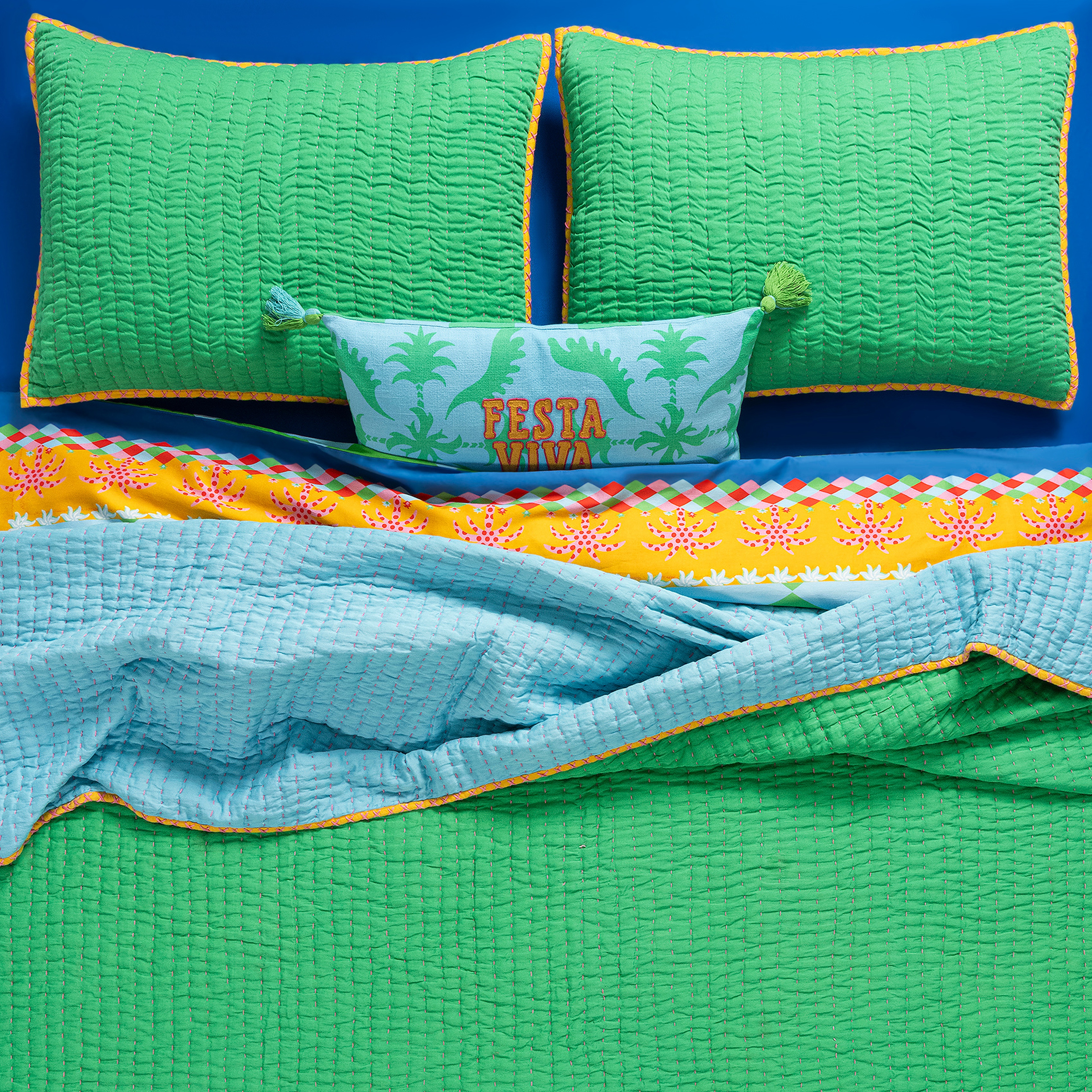 Okhla Yeşil - Mavi Kıng Sıze Pamuk Saten Yatak Örtüsü Seti