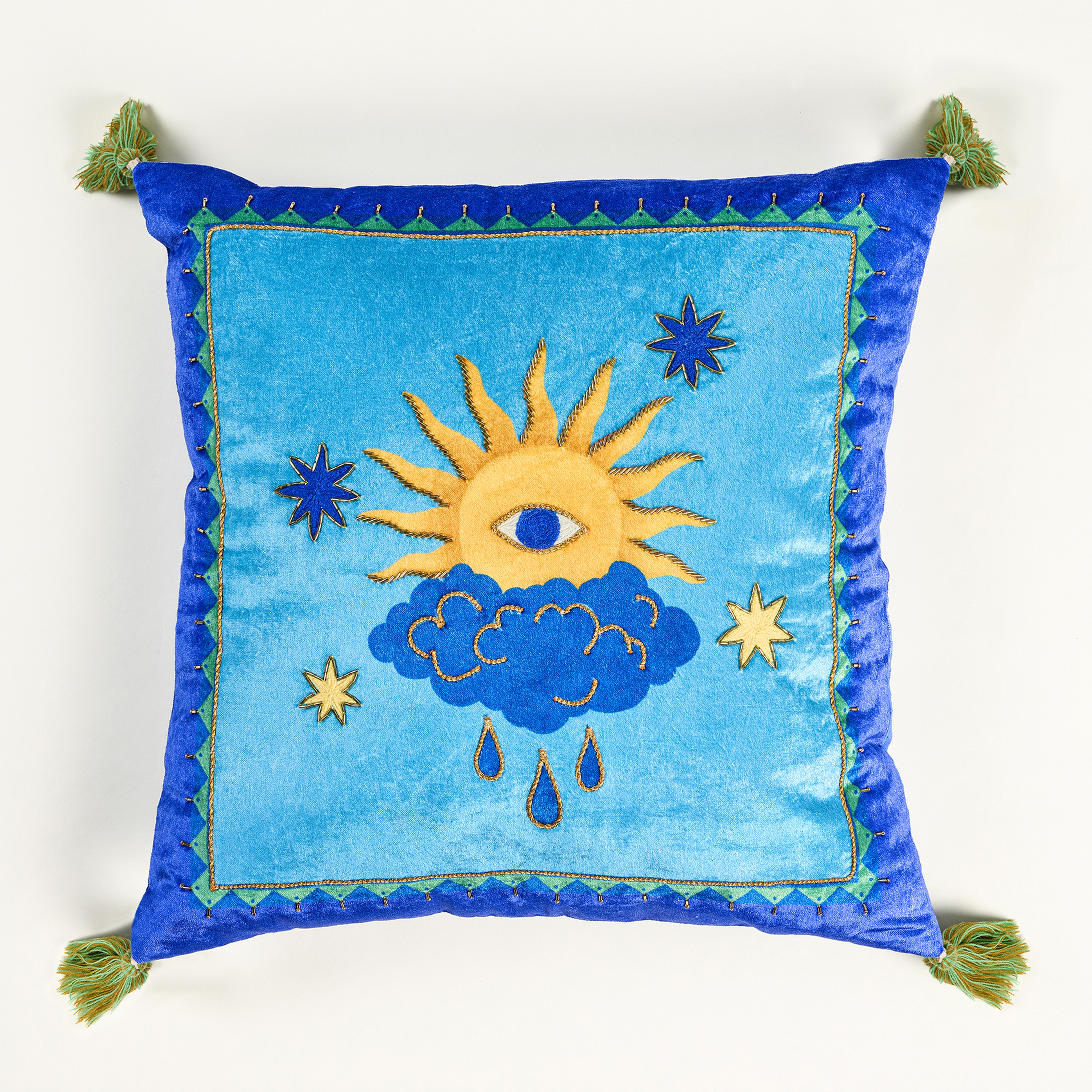 Ghunı Püsküllü Nakışlı Viskon Dolgulu Kırlent 50x50 Cm Mavi