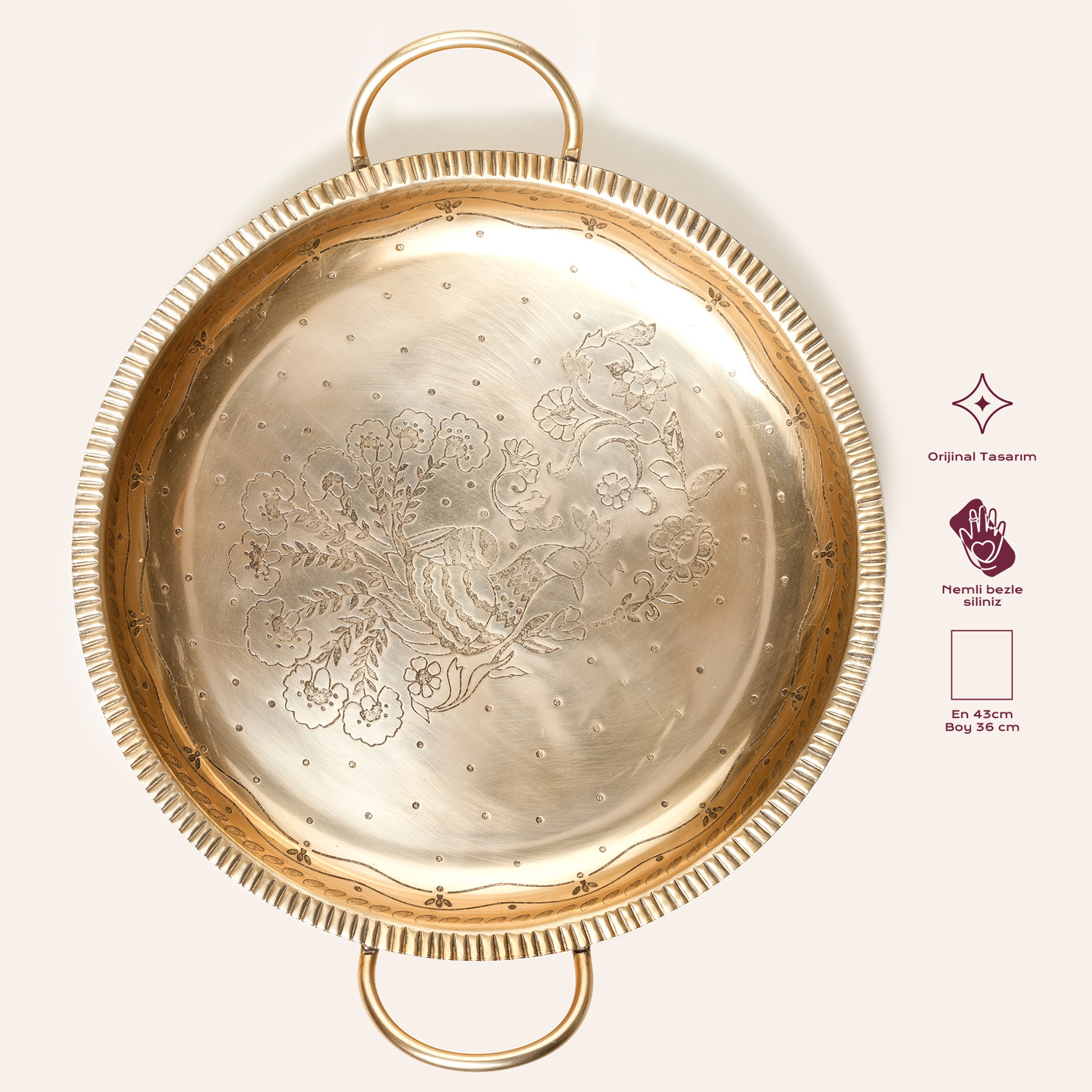 Nanpur Metal Dekoratif Tepsi 43x36x7 Cm Altın