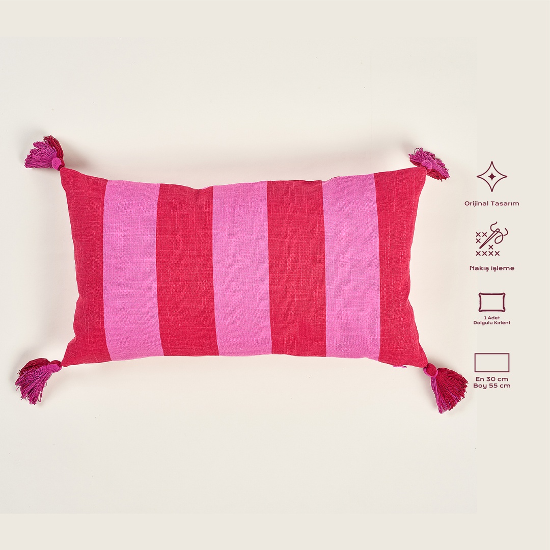 Hansı Dijital Baskılı Püsküllü Nakışlı Pamuk Dolgulu Kırlent 30x55 Cm Kırmızı - Pembe