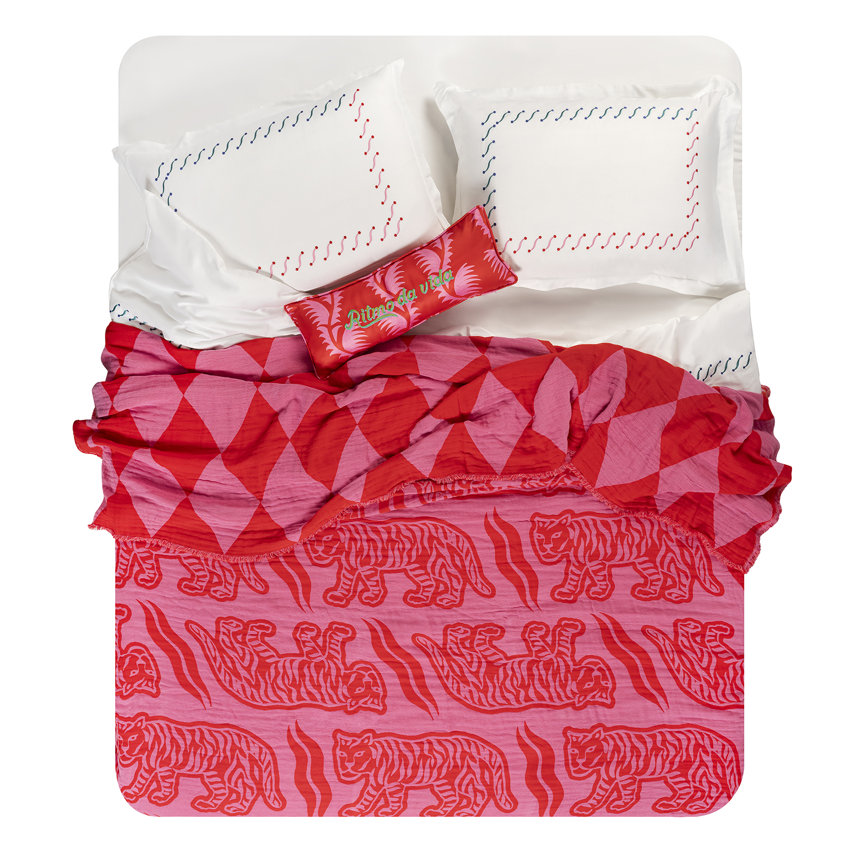 Costa Saçaklı Jakarlı Pamuk Yatak Örtüsü 260x240 Cm Kırmızı - Pembe