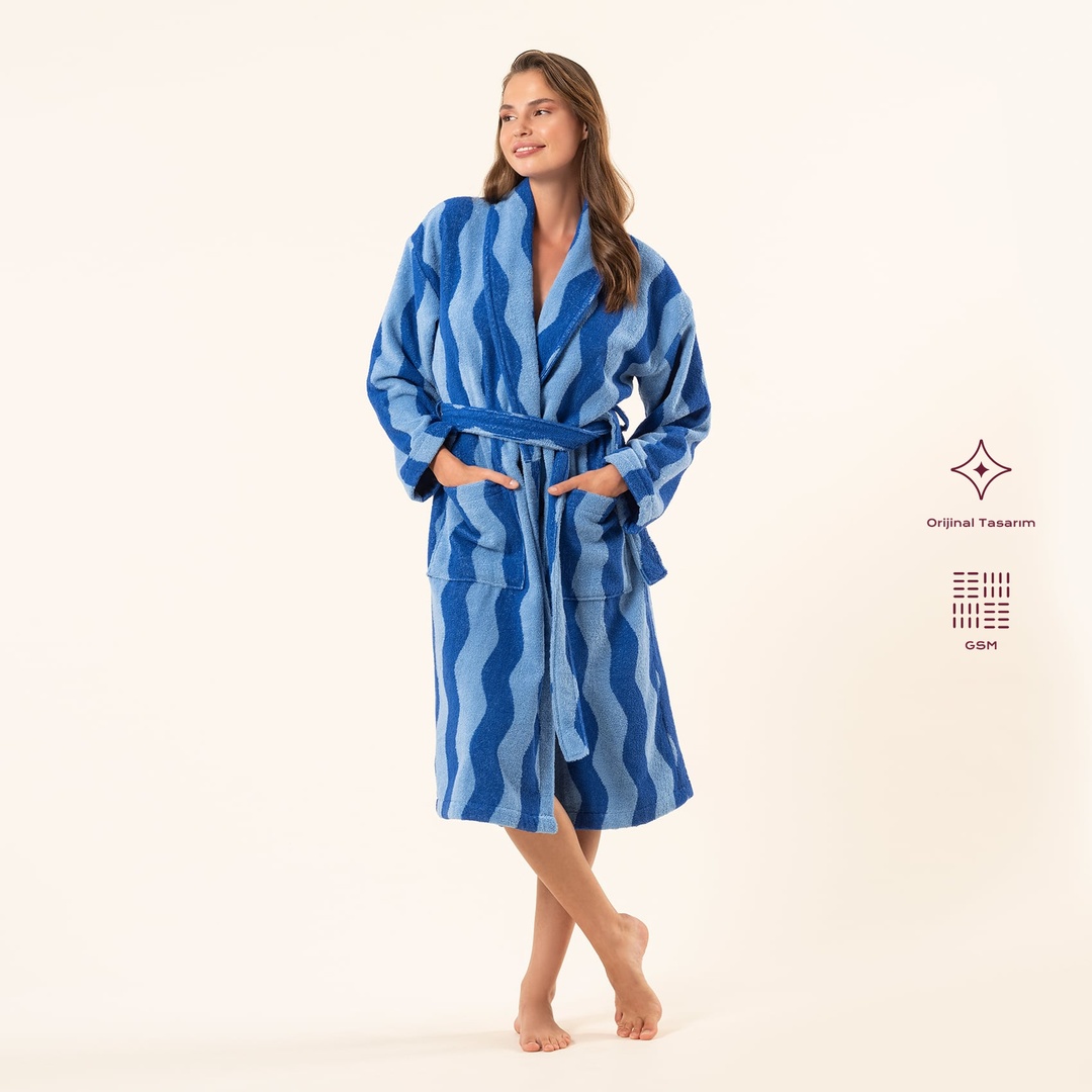 Tabea Pamuk Pamuk %100 Pamuk Bornoz - Açık Mavi - Koyu Mavi