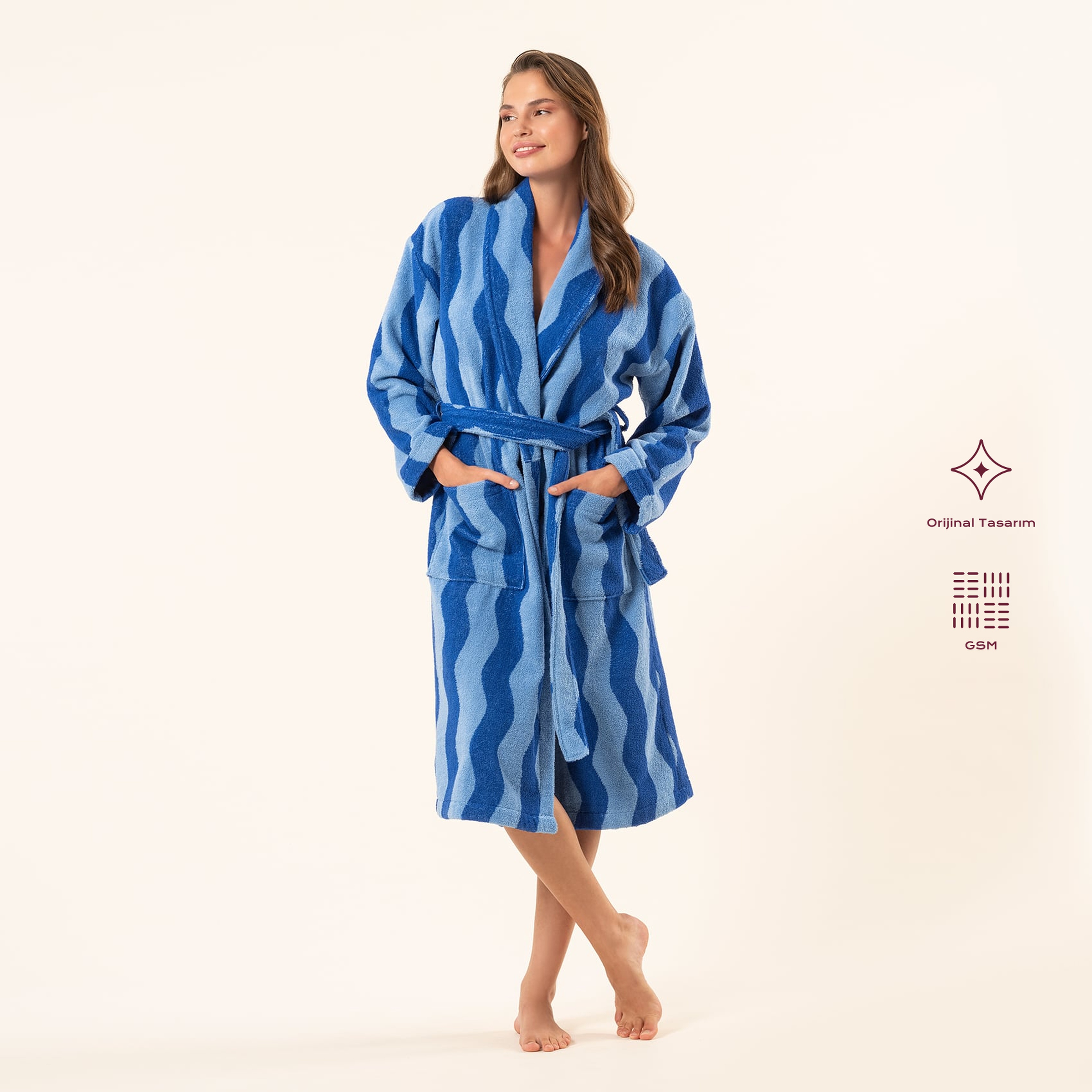 Tabea Pamuk Pamuk %100 Pamuk Bornoz - Açık Mavi - Koyu Mavi