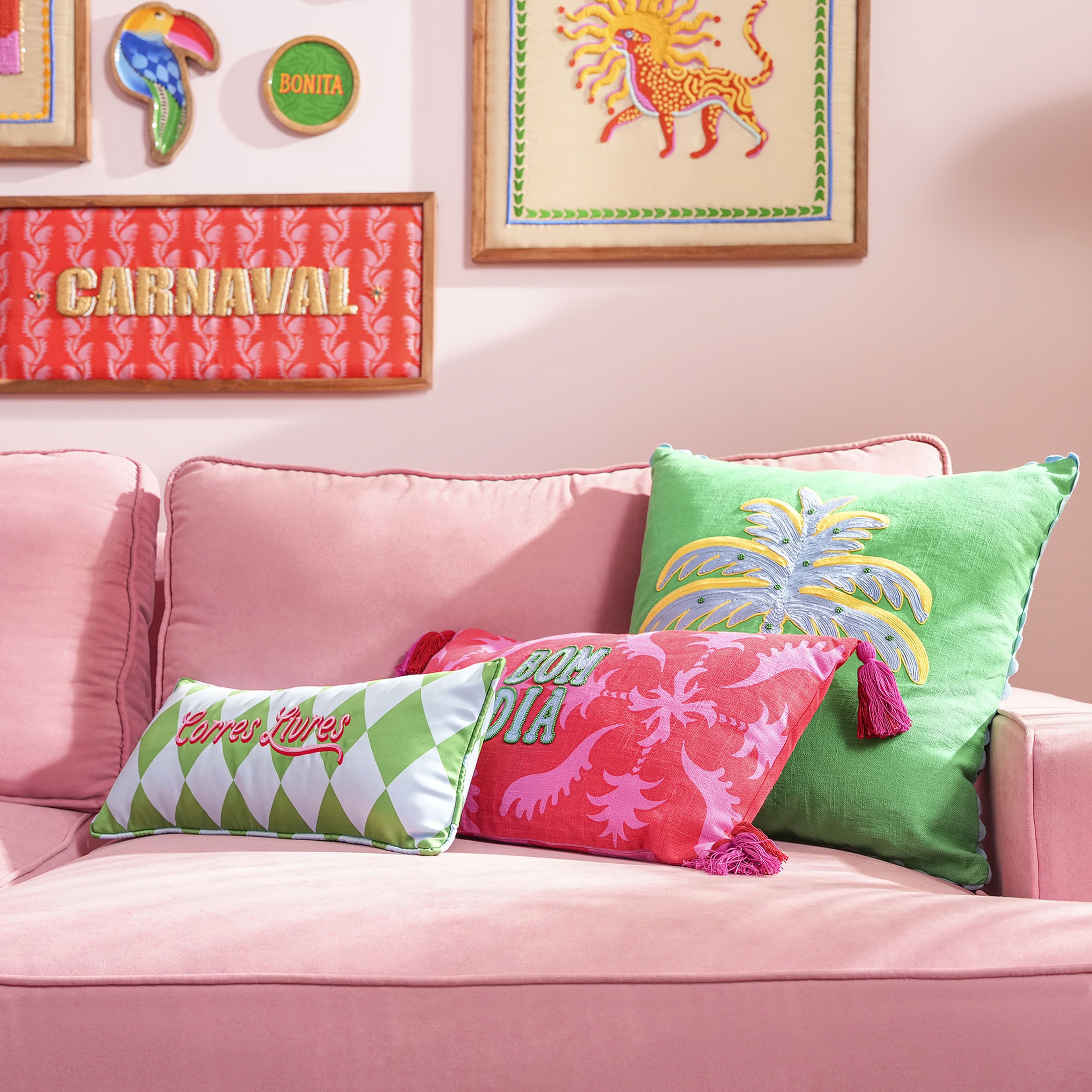 Hansı Dijital Baskılı Püsküllü Nakışlı Pamuk Dolgulu Kırlent 30x55 Cm Kırmızı - Pembe