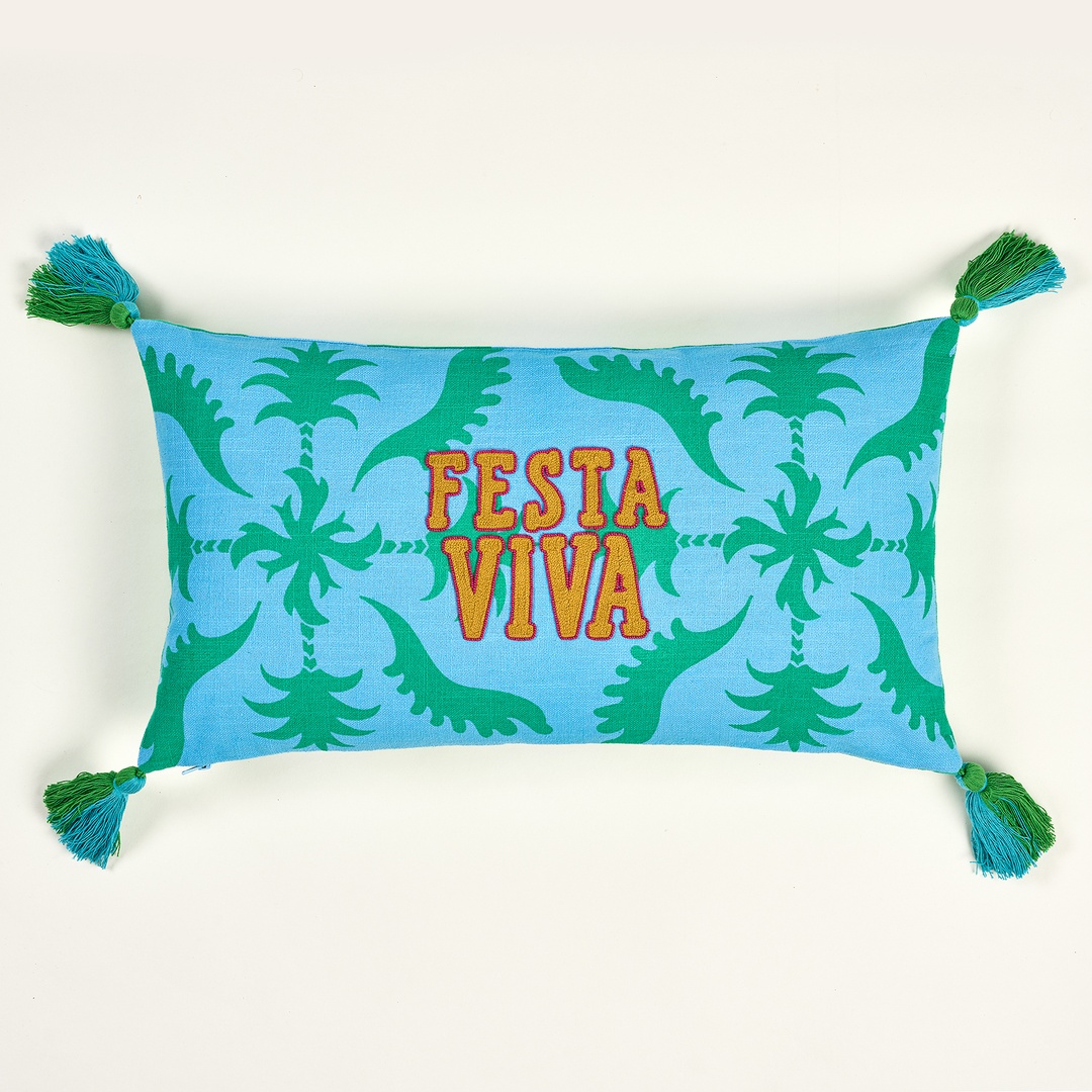 Hansı Dijital Baskılı Püsküllü Nakışlı Pamuk Dolgulu Kırlent 30x55 Cm Yeşil - Mavi