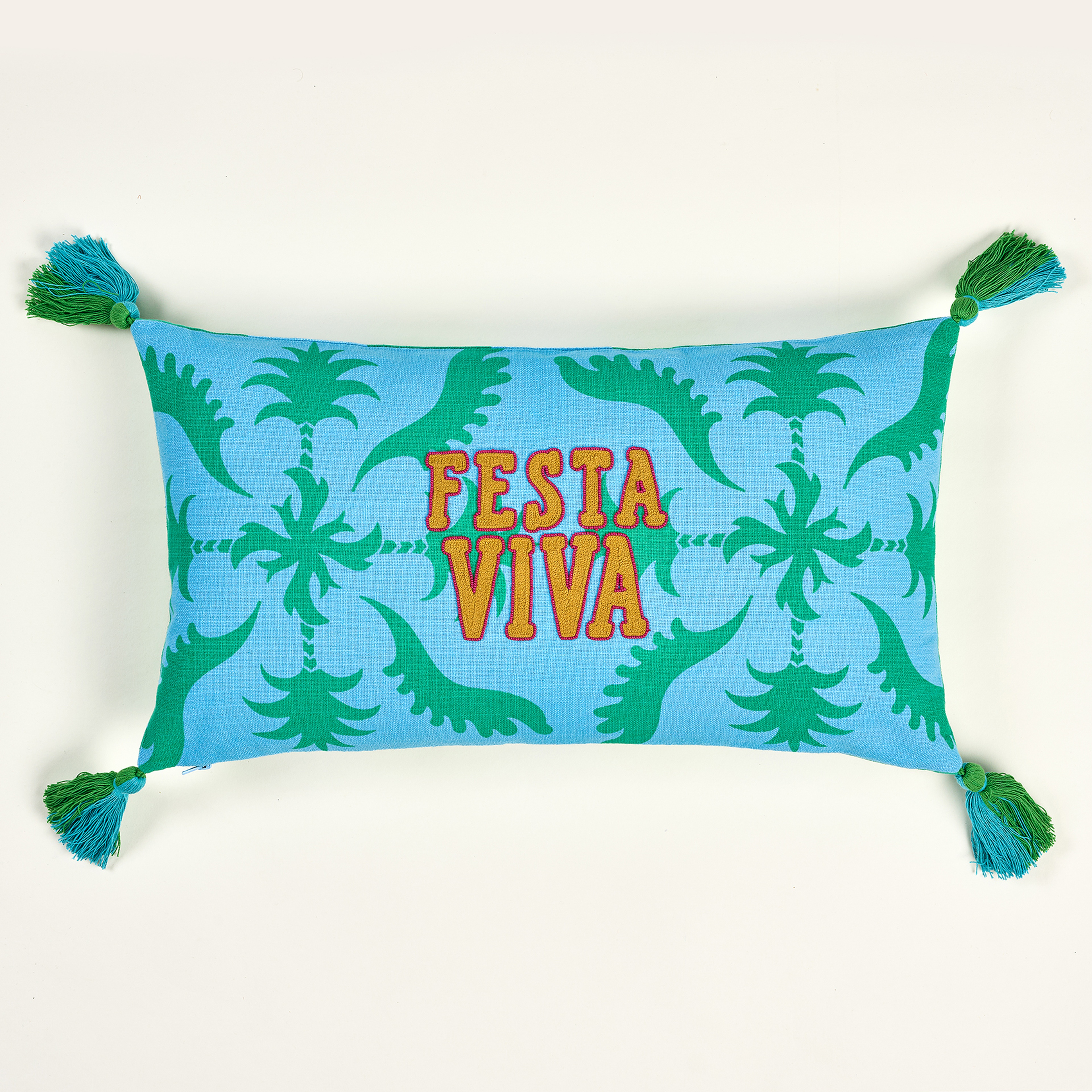 Hansı Dijital Baskılı Püsküllü Nakışlı Pamuk Dolgulu Kırlent 30x55 Cm Yeşil - Mavi