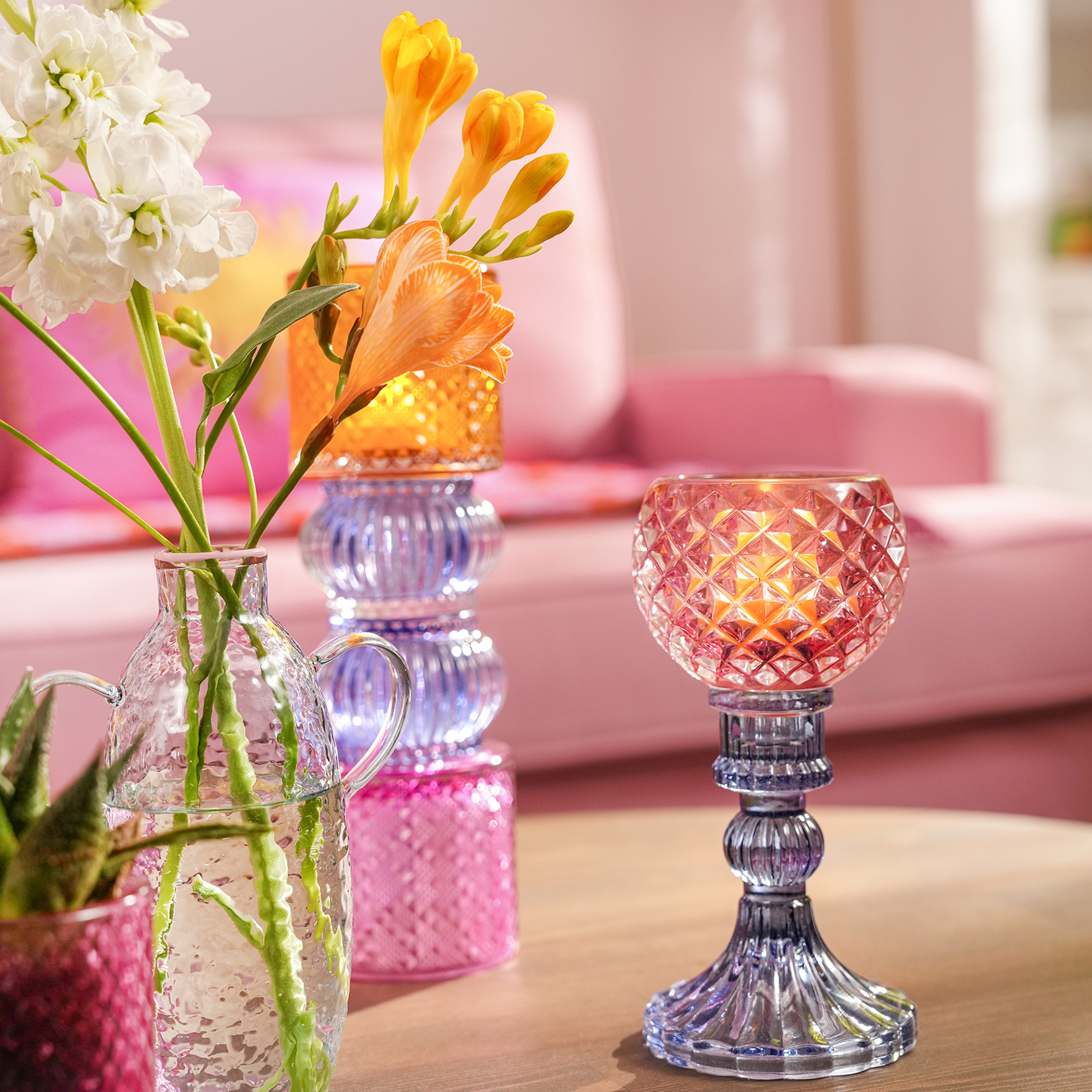 Nanjıng Cam Şamdan 8x8x16.5 Cm Renkli