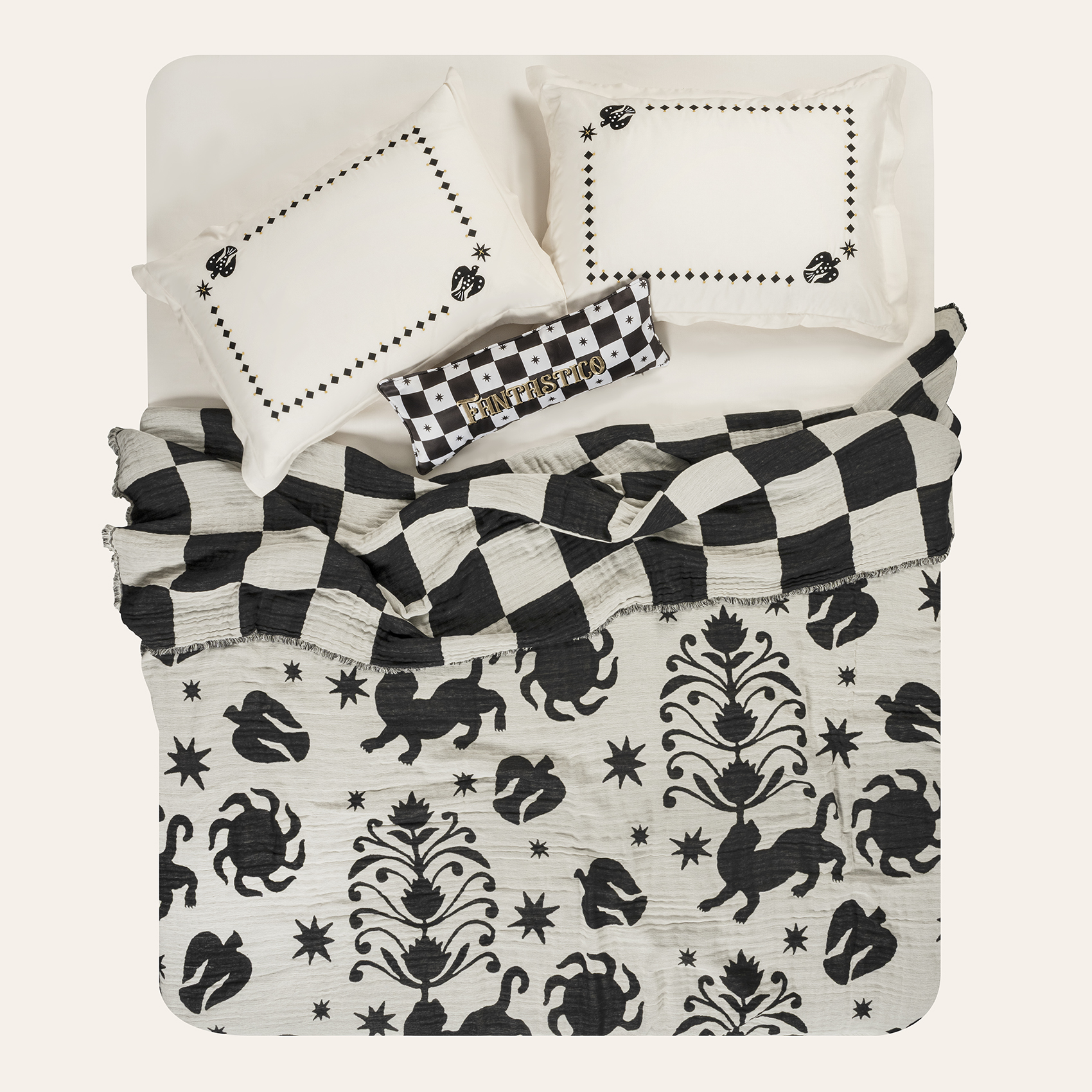 Costa Saçaklı Jakarlı Pamuk Yatak Örtüsü 260x240 Cm Natürel- Siyah