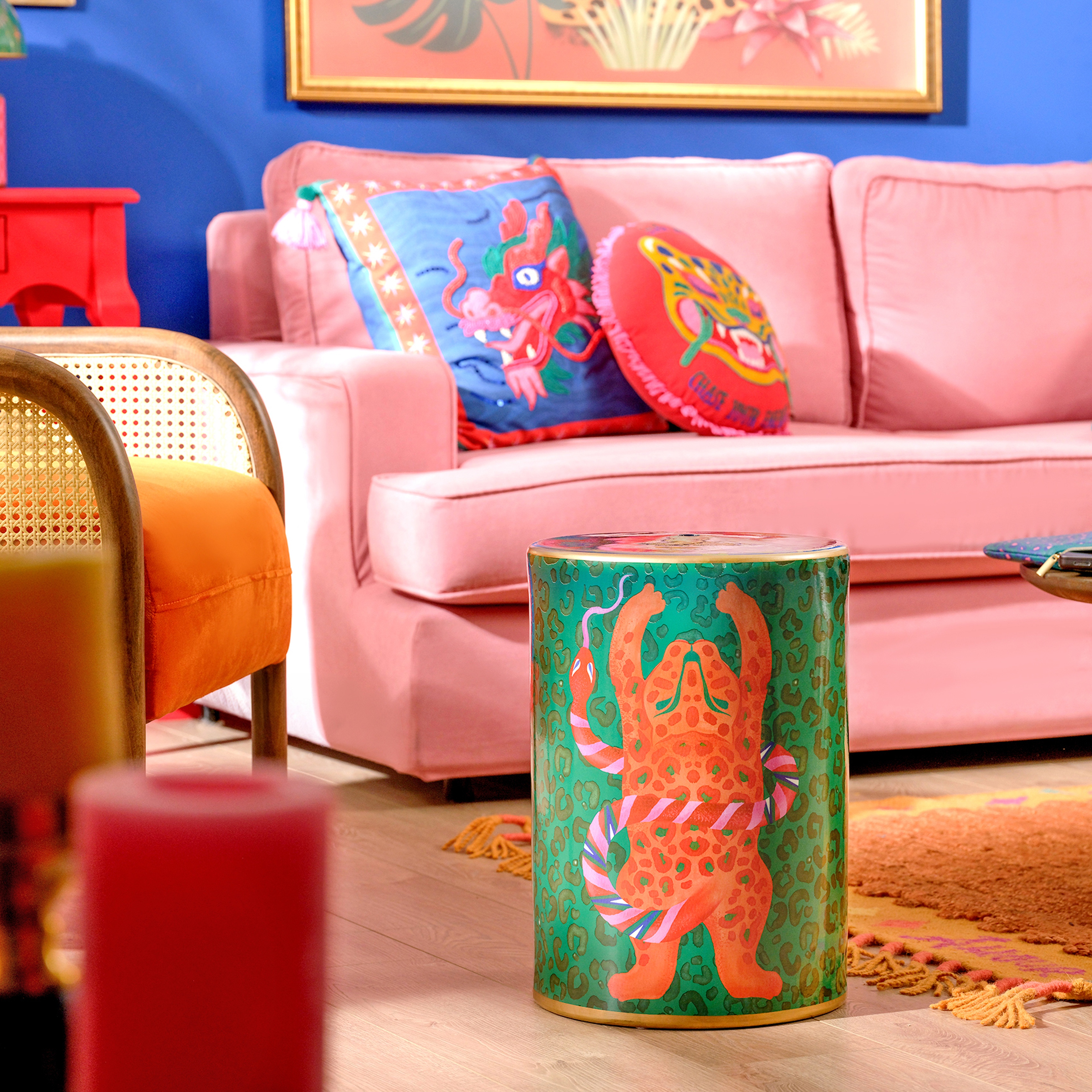 Tanbu Porselen Tabure 31x31x44 Cm Yeşil - Turuncu