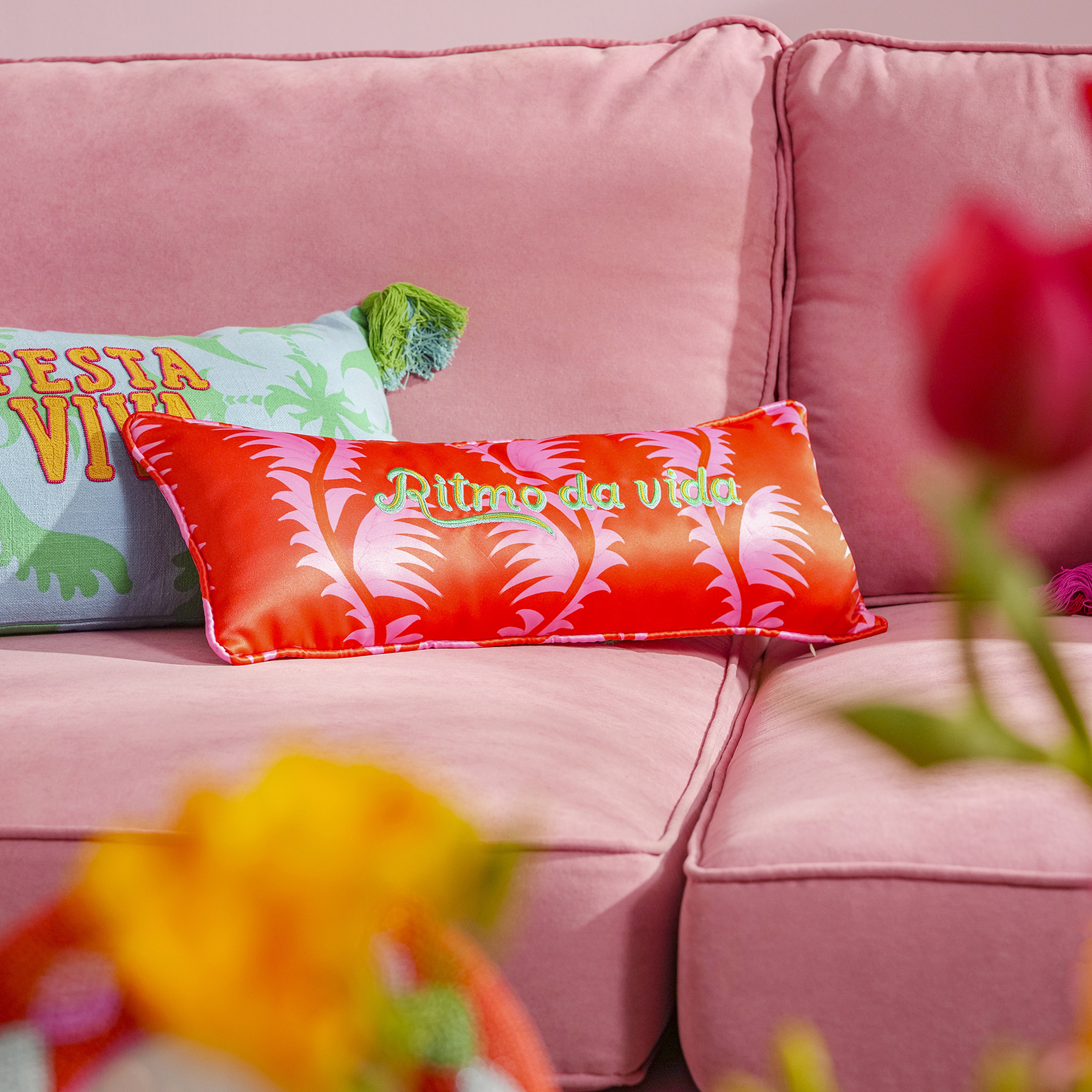 Prusa Dijital Baskılı Nakışlı Pes Dolgulu Kırlent 20x55 Cm Pembe - Kırmızı