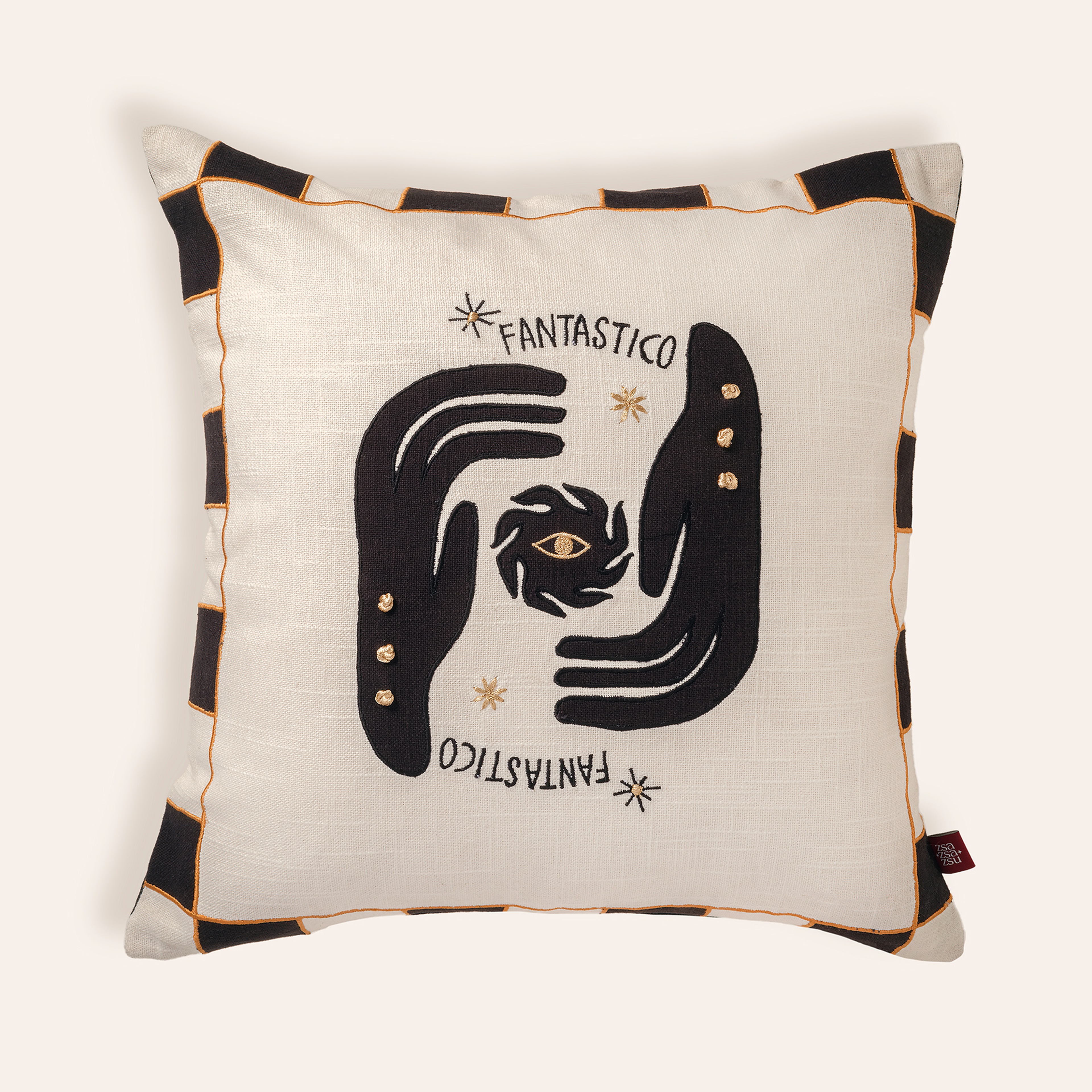 Ghunı Aplikeli Pamuk Dolgulu Kırlent 50x50 Cm Bej - Siyah