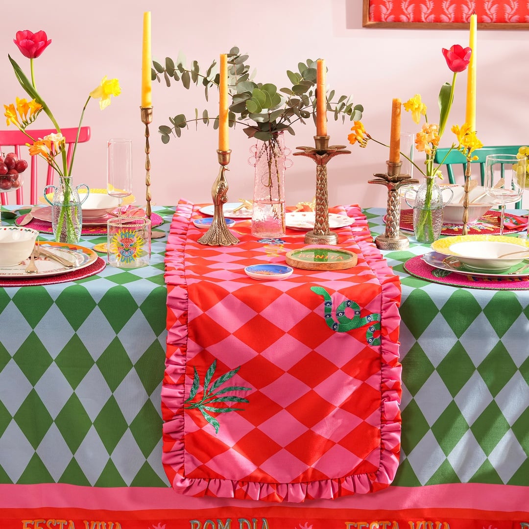 Prusa Dijital Baskılı Nakışlı Pes Runner 60x190 Cm Pembe - Kırmızı