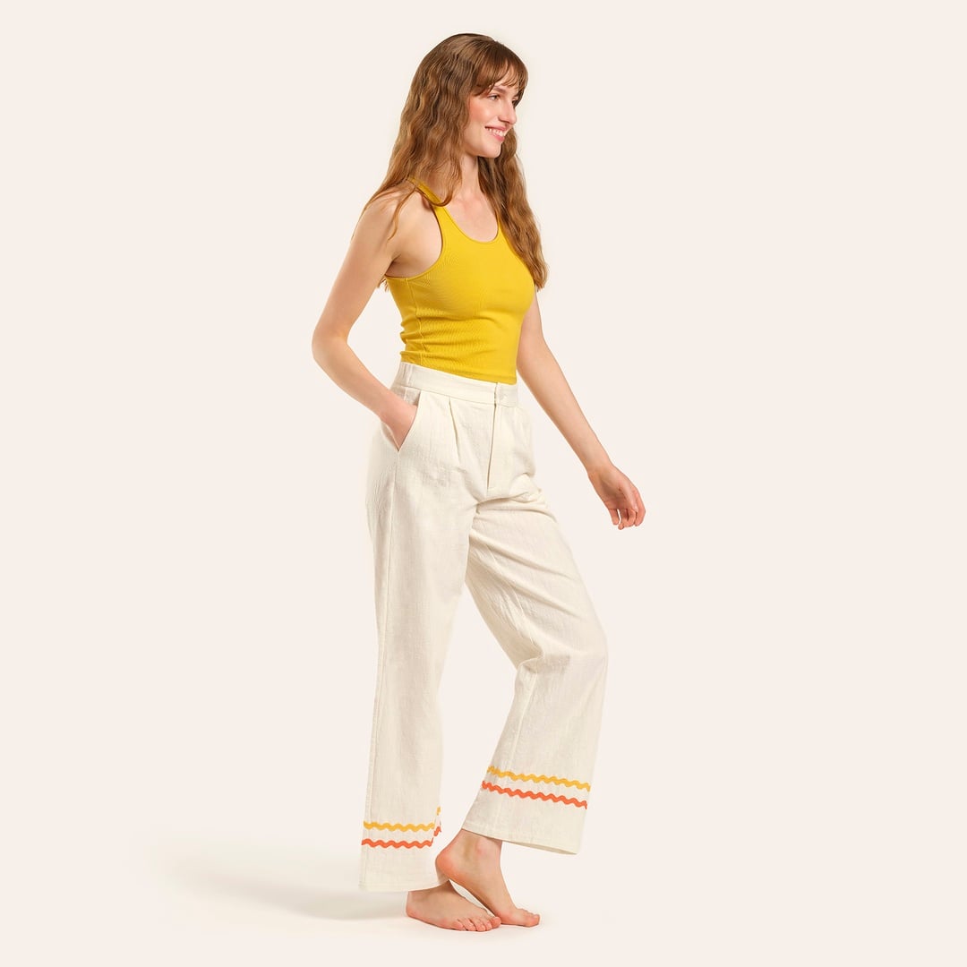 Protı Su Taşı Nakışlı Pantolon - Ekru