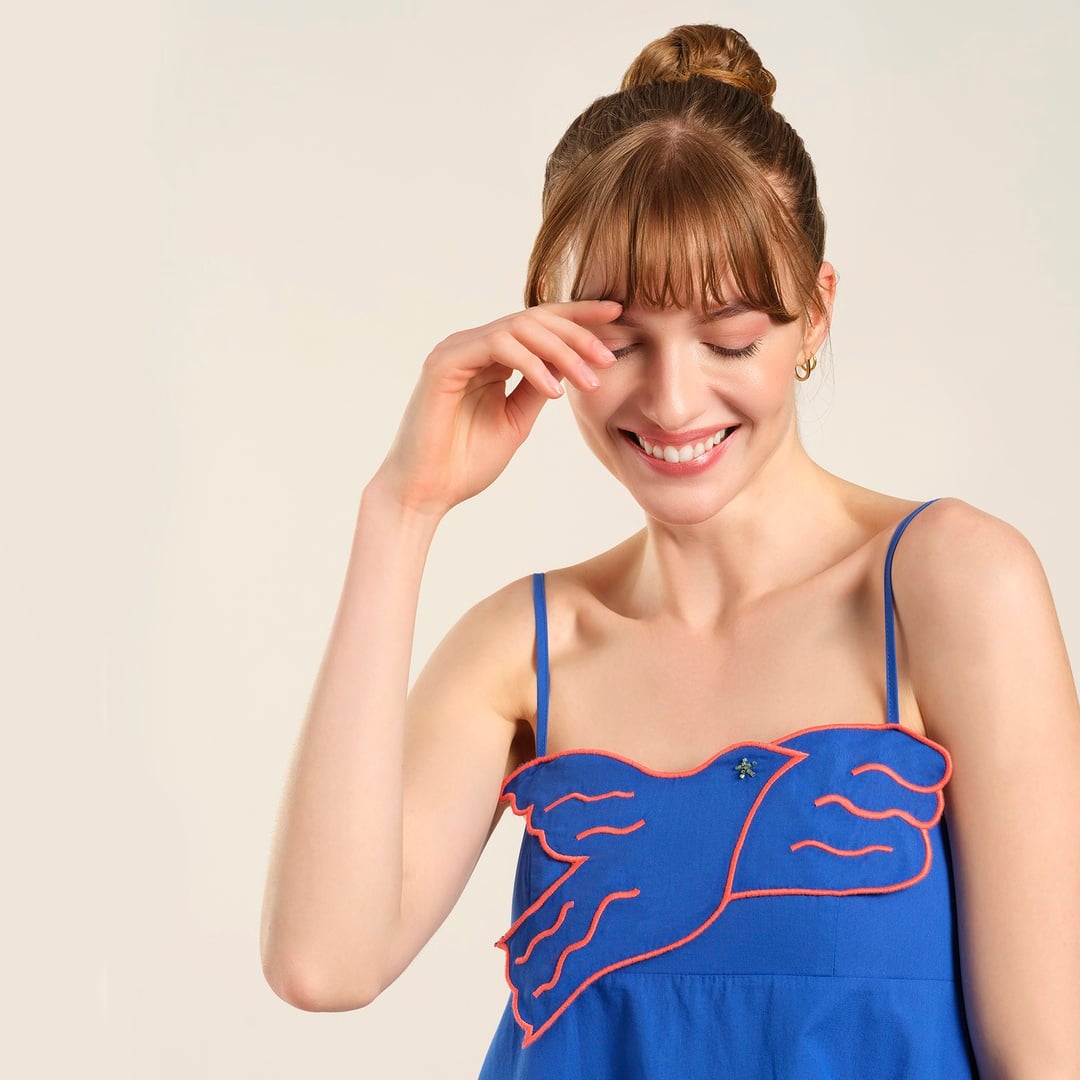 Protı Aplike Detaylı Poplin Elbise - Mavi