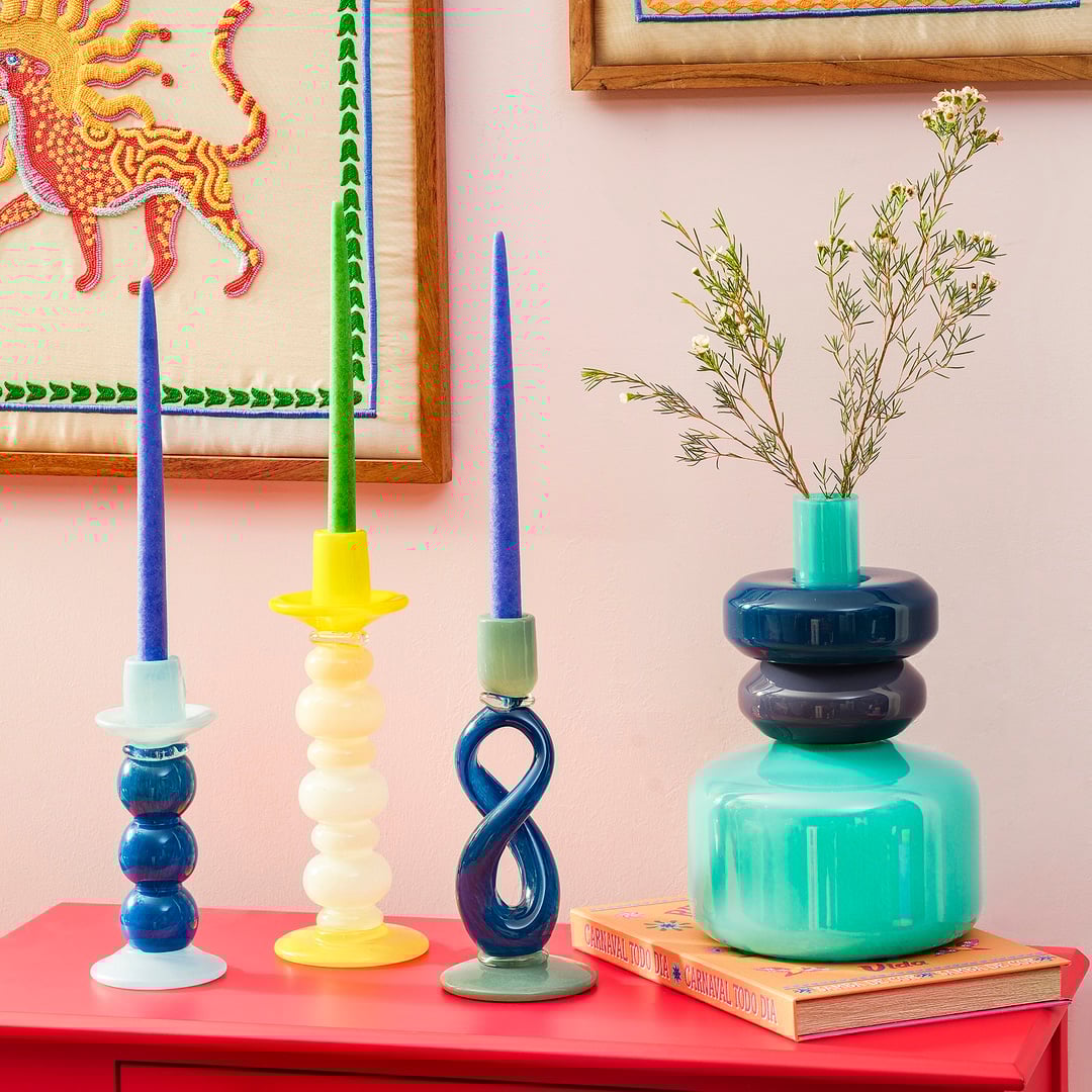 Baıta El Üretimi Cam Şamdan 12x12x29 Cm Mavi - Yeşil